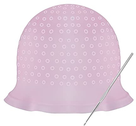 Haarfärbehut, Friseurwerkzeug, wiederverwendbar, Highlightkappe aus Silikon, mit Metallhakennadel, Rosa
