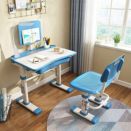 Cantonape Kids Desk and Chair Set, Height Adjustable Children School Study Desk with Tilt Desktop, Bookstand, LED Lamp, Metal Hook and Storage Drawer for Boys Girls, Blue