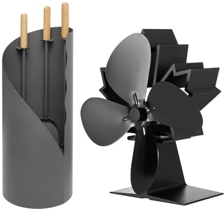 raik Kaminbesteck Otto 3-teilig Stahl grau mit Holzgriffen und stromloser Kaminventilator 4-Blatt für Kaminofen zur Luftzirkulation und effizienten Wärmeverteilung im Set