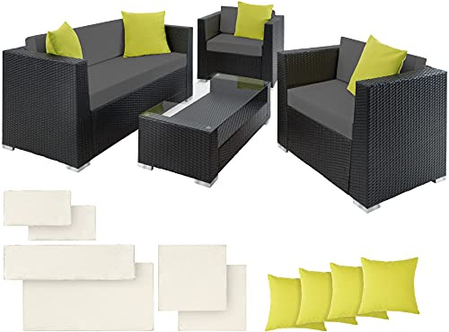 tectake® Poly Rattan Aluminium Garten Lounge Set wetterfest, Sofa Tisch mit Glasplatte, Loungemöbel mit 2 Bezugsets, 4 Kissen, Möbel Set mit Couch, Sessel und Tisch, Sitz- und Rückenkissen - schwarz