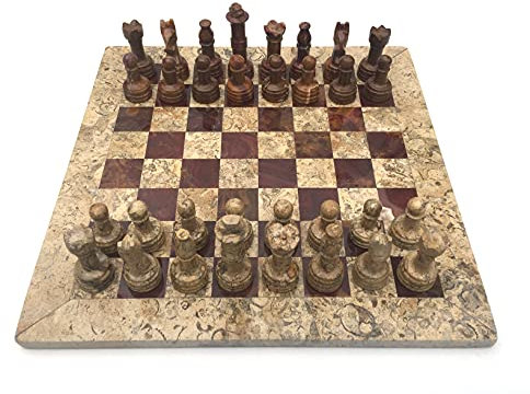 Marmor Schachspiel Schachbrett 12 Zoll/ 30,5 cm inkl. 32 Schachfiguren Farbe Braun-rot & Fossil beige Naturprodukt Handarbeit Geschenkidee