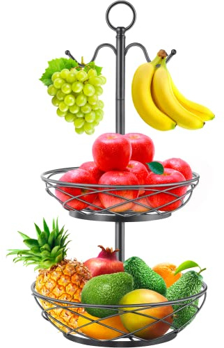 PT COVER Fruit Basket - 2 Tier Fruit Bowl with Banana Hanger for Kitchen Counter Fruit Holder - Elegant Black