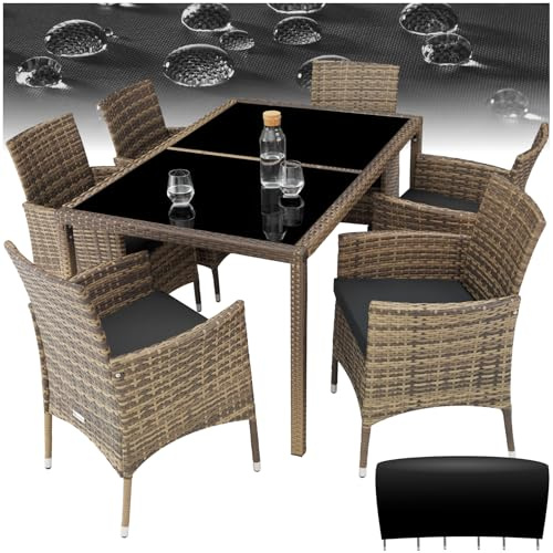 tectake® Set da Giardino in polyrattan, 6 Sedie, 1 Tavolo, Molto Pratico, Sedie con Piedini in plastica Anti-graffio, Salotto da Giardino Esterno, Tavolo da Giardino Con Sedie - Naturale/Grigio Scuro