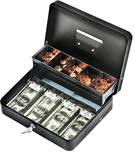 Cash Box with Lock and Money Tray - Tomekji Durable Metal Large Money Box 11.8L x 9.5W x 3.5H - 5 Compartment Tray 4 Spring Loaded, Come with 2 Key, Black…