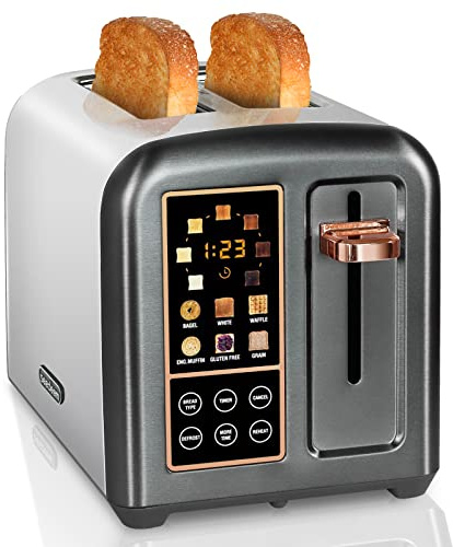 SEEDEEM 2-Slice Stainless Steel Toaster with Touch LCD Display, 6 Bread Types, 7 Shade Settings, 1.5 Slots, 3 Time Functions - Dark Metallic