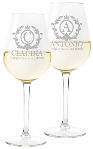 Colorfamily Coppia Calici Personalizzati Set da 2 calici Vino Nonno Nonna Personalizzabili con Nome e Iniziale Matrimonio Fidanzamento - Bicchiere in Vetro 500 ml