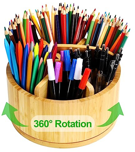 Cinnani Scrivania Girevole a 360° in Bambù, Organizer da Tavolo con 6 Scomparti Oversize, Portapenne in Legno con Manico per Ufficio e Trucchi