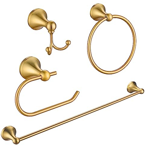 FROPO 4 Pcs Gold Bathroom Hardware Set - Brushed Brass Gold Bathroom Accessories Kit, Stainless Steel Wall Mounted 23.6 Inch Towel Bar | Towel Hook | Toilet Paper Holder | Hand Towel Holder