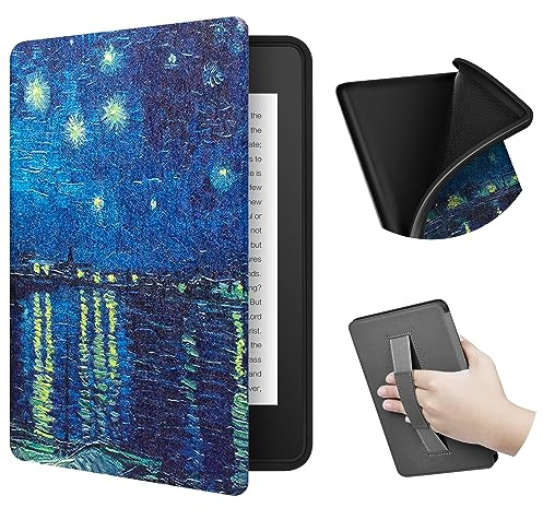ERUNTO Hülle für 6,8-Zoll-Kindle Paperwhite and Paperwhite Signature Edition, mit Stoffstruktur und Handschlaufe auf der Rückseite, magnetische Hülle mit intelligenter Weck-/Schlaf(Starry Night)