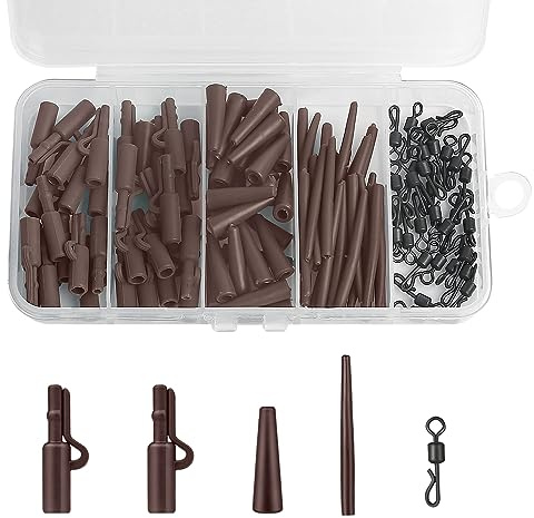 Realure 120 Piezas Pesca Giratorios y Clips, Accesorios de Pesca de Carpa con Clips Mangas Anti Enredos Colas de Goma y Esmerillones de Pesca Cambio Rápido, para Pesas Pequeñas