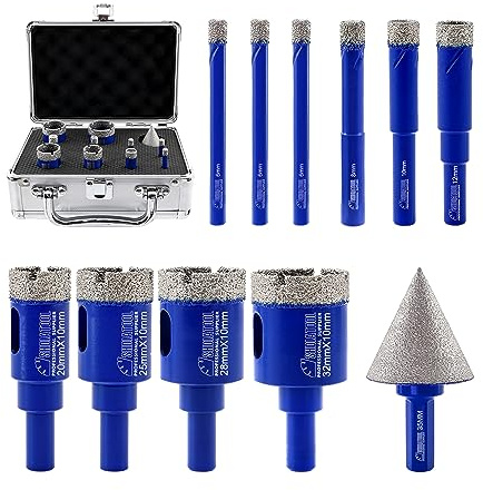 SHDIATOOL Diamantbohrer Fliesen Bohrkronen Set mit Rundschaft-Fliesenschneider für Porzellanfliesen Marmor Keramik Granit, 6/6/6/8/10/12/20/25/28/32mm/35mm Fasenbohrer