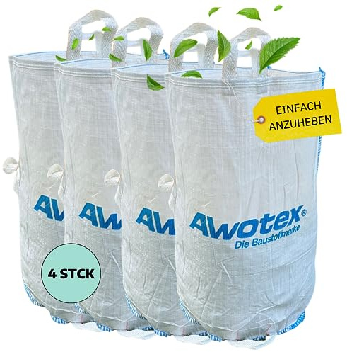 AWOTEX 4 Garten-Abfallsäcke I 200 Liter Füllmenge I Abfallsack Garten mit 5 Griffen I Gartenabfallsack für die Baustelle aus PP I langlebige Säcke für Gartenabfälle 55 x 85 cm