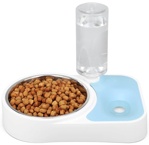 BELLE VOUS Blauer automatischer Wasserspender/Futterspender für Haustiere - 500 ml/17 oz Wasserflasche - 650 ml/22 oz Edelstahlnapf - Wasser-/Futternapf für Welpen, Kätzchen, Kaninchen