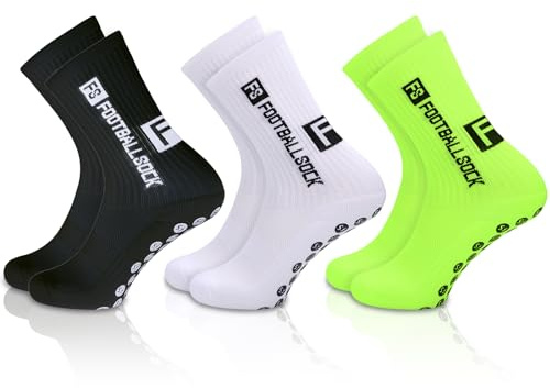 3Pcs Calzini Grip Calcio, Calze Antiscivolo Calcio con Puntini in Silicone, Calze Calcio Comode, Calzettoni Calcio Traspiranti, EU39-46 Calzini Antiscivolo Uomo per Calcio Trekking (Nero Bianco Verde)