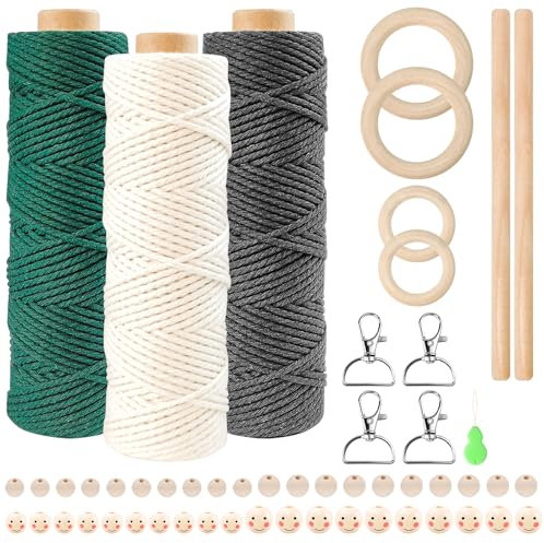 CoKeeSun 3stuks Makramee Garn Set, 2mm x 180m 100% Baumwollkordel, Natur Baumwollgarn mit 40 Holzperlen 4 Holzringe 4 Rundstab 4 Schlüsselanhänger für Basteln Stricken Deko (Dunkelgrün, Beige, Grau)