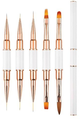 5 Pcs Nail Art Brushes Set Professional, Dual-ended Nail Art Brush,Thin Liner Pen, Acrylic Dust Brush, Fine Line Nail Art Painting Brush for Gel Polish DIY Nail Art Design white& Gold)