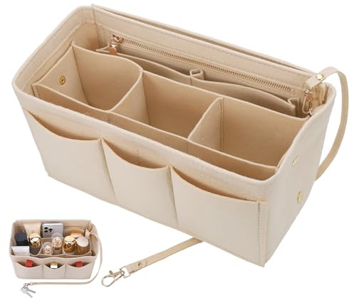 Hejo Handväsksorganisatör, filt väskorganiserare, 30 × 17 × 16 cm fickor organisatör shoppingväska, multi-ficka handväska, innerficka för kvinnor flickor (beige L)