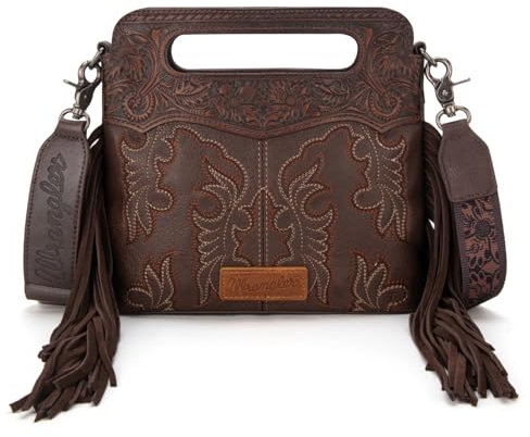 Wrangler Crossbody-Tasche für Damen, Western-Fransen, Tragegriff oben, bestickt, Bootscroll, Crossbody-Tasche, A-Medium Coffee, Medium