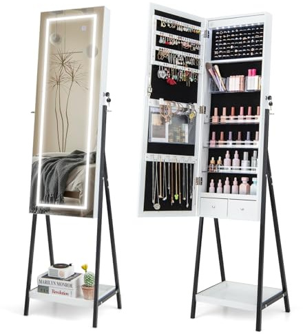 HOMASIS Schmuckschrank mit 3-farbigem LED-Licht & 8 kleinen Lichtern, Spiegelschrank mit 2 Schubladen & Ablage, abschließbar Schmuckorganizer mit Ganzkörperspiegel für Schlafzimmer Wohnzimmer (Weiß)
