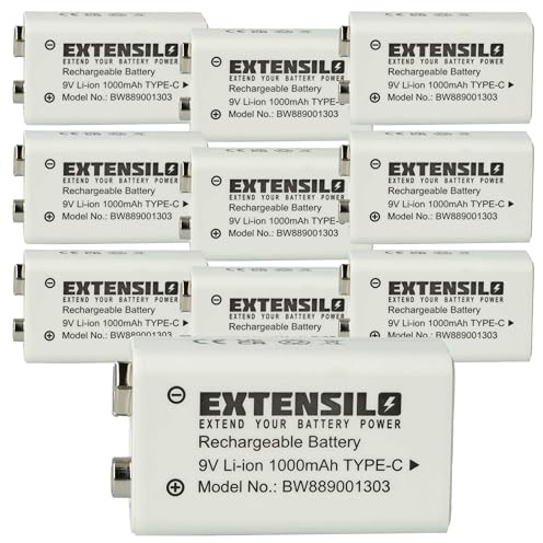 EXTENSILO 10x 9V-Akku Block für Diverse Geräte (1 Ah, 9 V, Li-Ion), Ready-to-use, mit USB-C Buchse