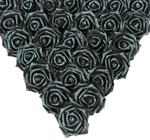 IPOPU Schwarze Glitzer-Blumen, Glitzer-Rosen, 8 cm, ohne Stiel, Schaumstoff-Rosen mit Glitzer, 30 Stück, für selbstgemachte Hochzeit, Brautstrauß, Zuhause, Party-Dekoration (schwarzer Glitzer)