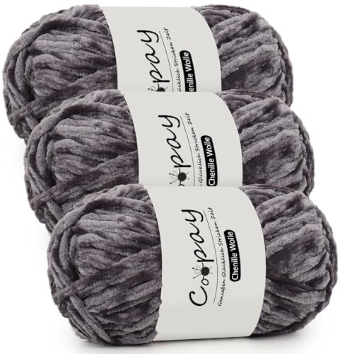 Coopay Chenille Wolle zum Häkeln - 3x100g Samtig Garn, Dicke Flauschige Weiche Plüschwolle Häkelgarn für Decken, Schals - Dunkelgrau