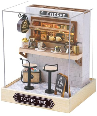 Ieron Kit Fai da Te per casa delle Bambole in Miniatura, Kit Fai da Te per Modelli di Casette Fatte a Mano in con Copertura Antipolvere, Kit per Case delle Bambole in Legno 3D, Momento del caffè