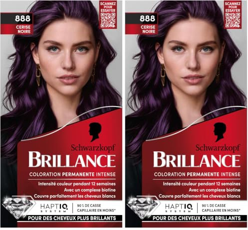 Schwarzkopf - Brillance - Coloration Cheveux Permanente Intense - Brillance Eclat Diamant - Couvre 100% des Cheveux Blancs - Masque Soin Fixateur de Couleur - Cerise Noir 888 (Lot de 2)