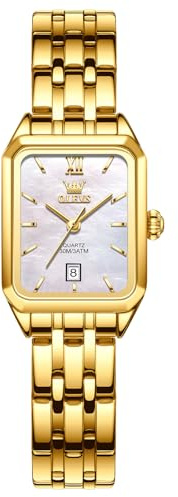 OLEVS Gold Eckig Uhr Damen Edelstahl Eleagnt Weiß Klein Gesicht Damenuhren Analog Quarz Metallarmband Armbanduhren für Damen Kleid Schick Wasserdicht Damen Armbanduhr mit Datum Geschenke für Frauen