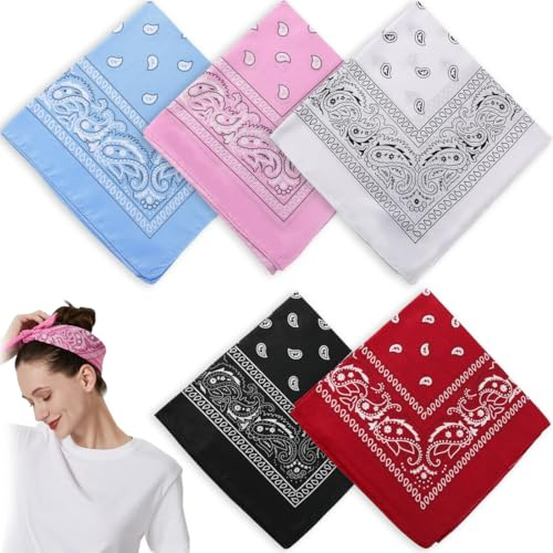 5 Stück Bandana Kopftuch Damen und Herren, Multifunktionale Große Paisley Bandana Kopftücher,Taschentuch/Halstuch Verwendung als Cowboy Bandana Tuch und für Haustiere(55 x 55 cm)
