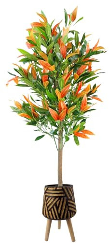 PDL – Pegdev - 130cm Artificial Red & Green Ficus Tree with Large Rustic Planter Indoor Decorative Plant with Realistic Leaves and Wired Stems