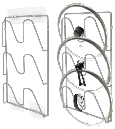 UpChoNice 2 Pack Pot Lid Organizer Rack, 6-Tier Rustproof Pot Lids Holder for Cabinet Door/Wall, No Drilling Adhesive Mounted, Pot Top and Pan Cover Storage inside Kitchen Cabinet (Silver)