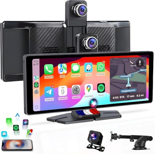 TPE Française - Écran CarPlay Voiture & Android Auto sans Fil 10,26″ IPS – Dashcam 4K + Caméra Recul 1080p – Autoradio Bluetooth FM AUX – Plug & Play USB-C, Carte 64 Go