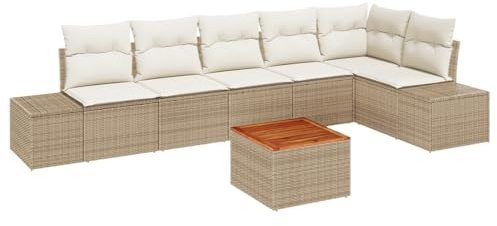 vidaXL Trädgårdsoffset med kudde 7 pcs Beige Poly rattan, Modern, hållbar, modulär, lätt, UV-resistent trädgårdsoffa, utemöbel, uteplatslounger