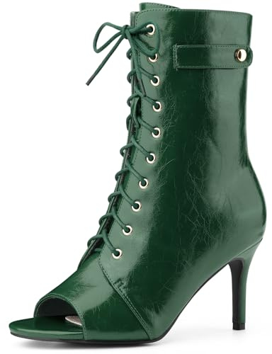 Allegra K Stiletto Heel Lace Up Peep Toe Dark Green Ankle Boots for Women 9 M US