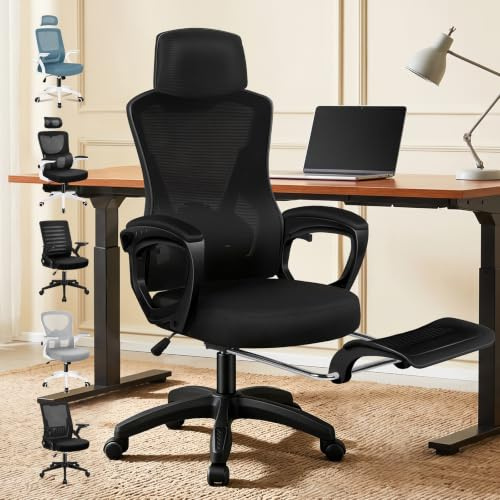 ALFORDSON Kontorsstol, ergonomisk stol med högt ryggstöd med nät och hjul, ländryggstöd, andningsbar sits, justerbar höjd, idealisk för hem, arbetsrum, spel, nya, svart