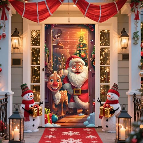 Tyanlenr Weihnachten Tür Abdeckung Dekoration 200 X 90 cm, Weihnachtsmann Tür Banner Deko mit Selbstklebendem Haken-und-Schlaufen-Band, Weihnachtstür Hängen Hintergrund für Innen und Außenbereich