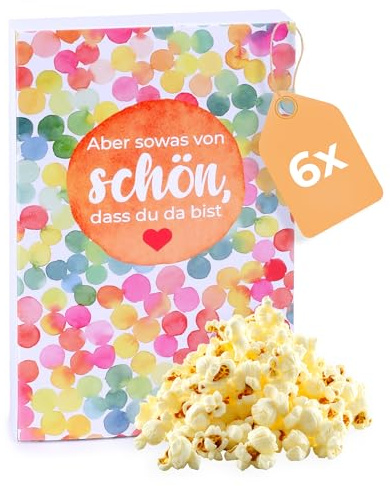 Liebevolles Gastgeschenk – 6x100g Süßes Mikrowellen-Popcorn – Aber sowas von schön, dass du da bist – Leckeres Mitgebsel für Hochzeit, Geburtstag & besondere Anlässe – vegan & glutenfrei