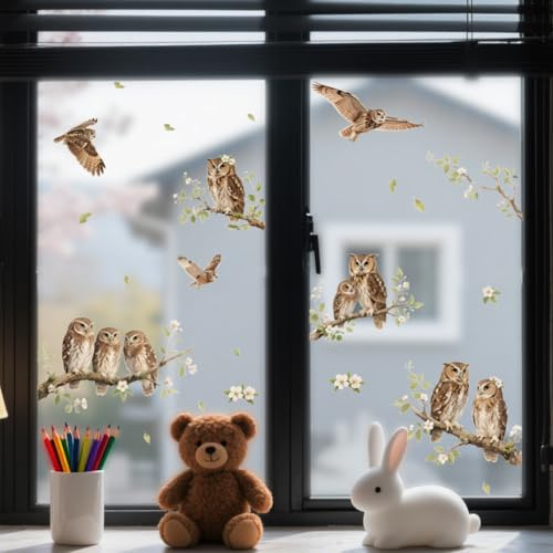 ANATTASOUL Eulen und Zweige Fensterbilder for Frühling Sommer | Doppelseitig Blickdichter Badezimmer Fensterbilder Kinderzimmer Wiederverwendbare Fensterbilder Frühling for Winter Herbst