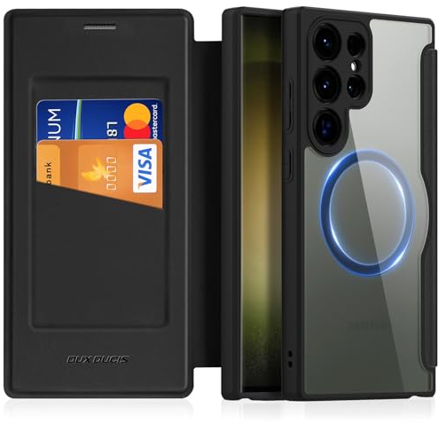 DUX DUCIS Hülle für Samsung Galaxy S23 Ultra Handyhülle mit MagSafe Transparente Anti-Kratzer Leder Flip Klapphülle mit RFID-Sperre Schutzhülle Case für Samsung S23 Ultra (Schwarz)
