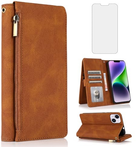 Asuwish Compatible with iPhone 13 6.1 inch Wallet Case Tempered Glass Screen Protector Zipper Leather Flip Cover Card Holder Stand Cell Phone for iPhone13 5G i i-Phone i13 iPhone13case Women Men Brown