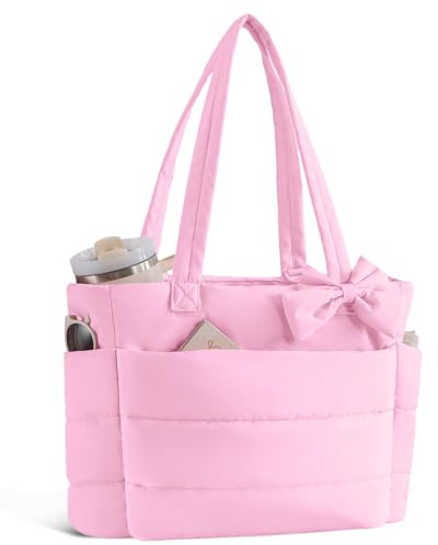 CTWWFS Puffer Tote Bag for Women, Quilted Bow Tote Bag with Cup Holder & 15.6 In Laptop Compartment for Work, Travel, Gym, College (Dark Pink)