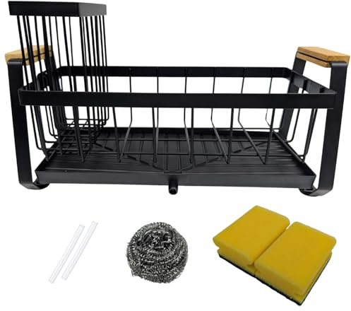 Evoxi. Kitchen Sink Caddy – Stainless Steel Caddy, Sponge & Brush Holder with Suction Cups, Wood Handles & Drip Tray – Black