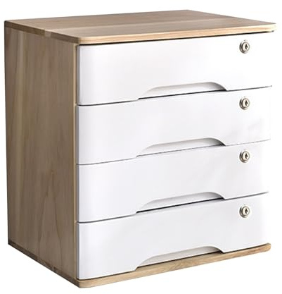 YAONJS Solid Wood Desktop Storage Box With Lockable Drawer-style Four-tier Desktop Cabinet For Office Miscellaneous Documents And Files(Natural wood+white)