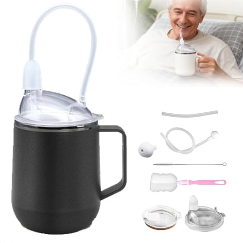 Spill Proof Sippy Cups for Adults, Elderly - 450ml Anti-Choke Non-Spill Drinking Cup with Lid, 2 Straws & Cleaning Brushes, 4-in-1 Beaker for Disabled Adults, Dementia & Bedridden Care (Black)