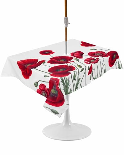 IDOWMAT Spring Red Opium Poppy Flower Outdoor Tablecloth with Umbrella Hole and Zipper, Summer Watercolor Plant Table Cloth Waterproof Washable Table Cover for Patio,Picnic,60x120In