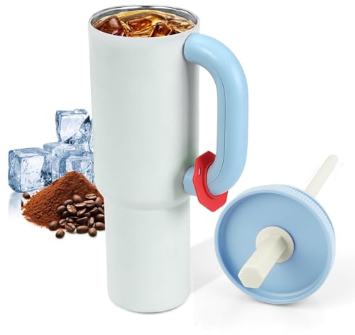 ZoneYan 40oz (1.18 Litros) Vaso Acero Inoxidable, con Asa y Pajita Vaso Isotérmico, Taza Térmica Grancapacidad, Taza para Café Portátil, Termo para Viajes, Taza para Camping, Vaso para Exteriores (B)