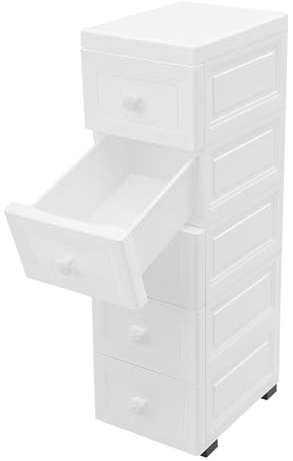 Lådskåp med hjul, plast med 5 stora lådor, rullcontainer-handtag för att dra, BPA-fri för sovrum, badrum, skola och kontor, vit, 82 × 25 × 34 cm