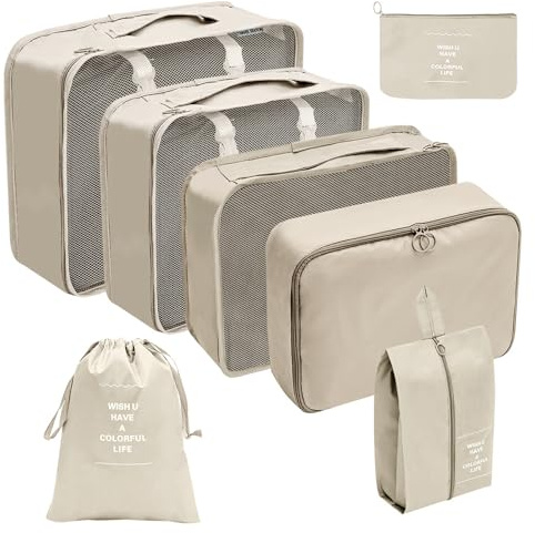 Resväsksorganizer 7-delar Packing Cubes med bärhandtag | Utrymmesbesparande researrangör med kosmetika och skopåse. Lätt, nät och handtag för perfekt resor