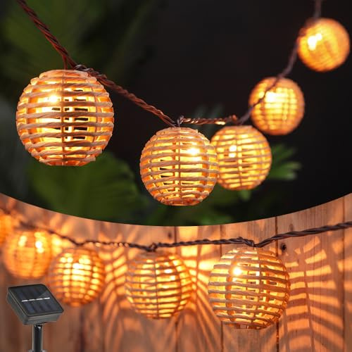 WRQIOO 10 Laterne LED Solar Lichterkette Aussen, Solar Lichterkette Outdoor Rattan Kugel, Lampions Lichter-kette Aussen Wetterfest, Lichter-kette Aus-sen So-lar Boho für Balkon Terrasse Garten Deko